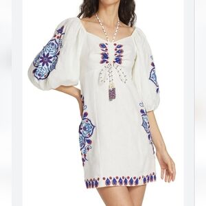 New NWT Farm Rio Embroidered Cotton Puff-Sleeve Halter Mini Dress